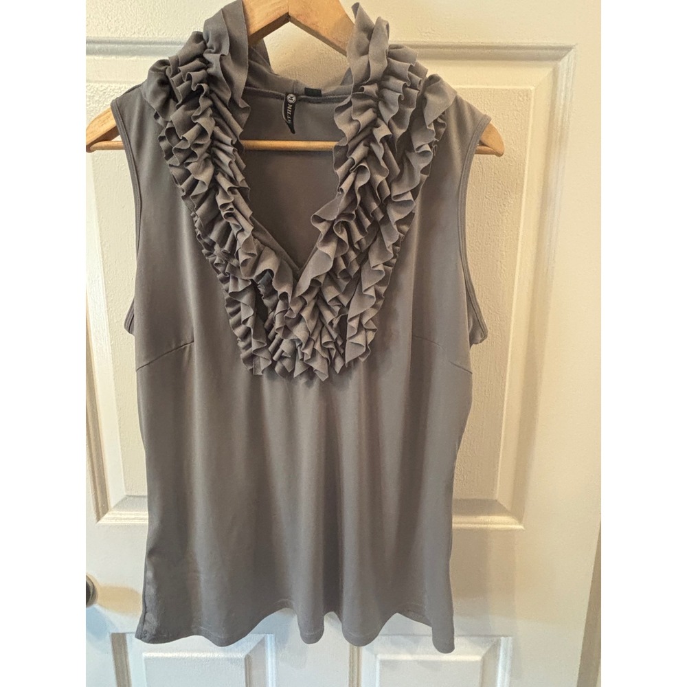 Milano Women's  Ruffle V-Neck Sleeveless Blouse Taupe-Gray  Stretchy Top L